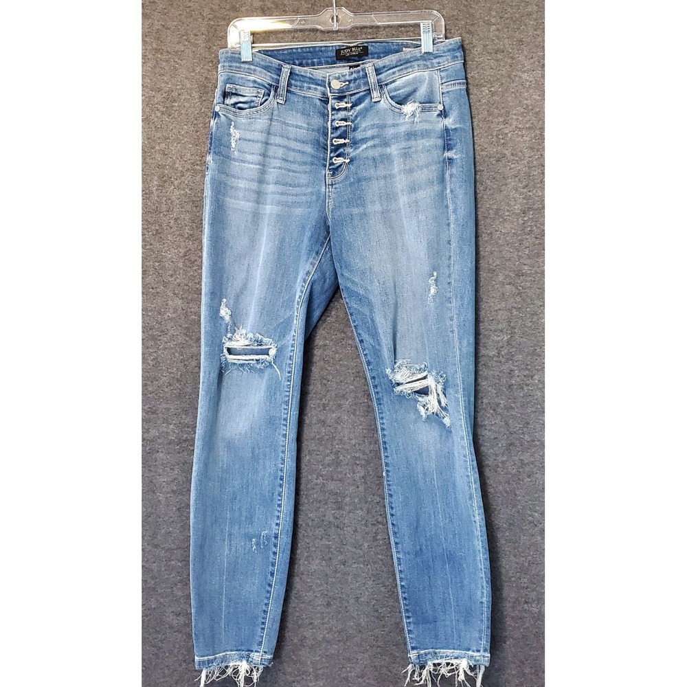 Judy‎ Blue Jeans Women 5/27 Boyfriend Fit Blue Distressed Button Fly Stretch